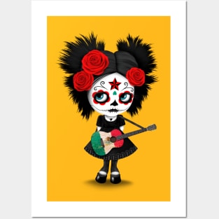 Sugar Skull Girl Playing Mexican Flag Guitar Posters and Art